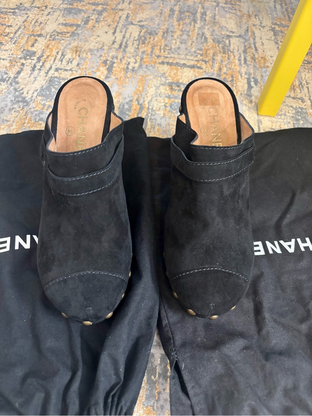 CHANEL Black Suede Stud-Trim Mule Clogs